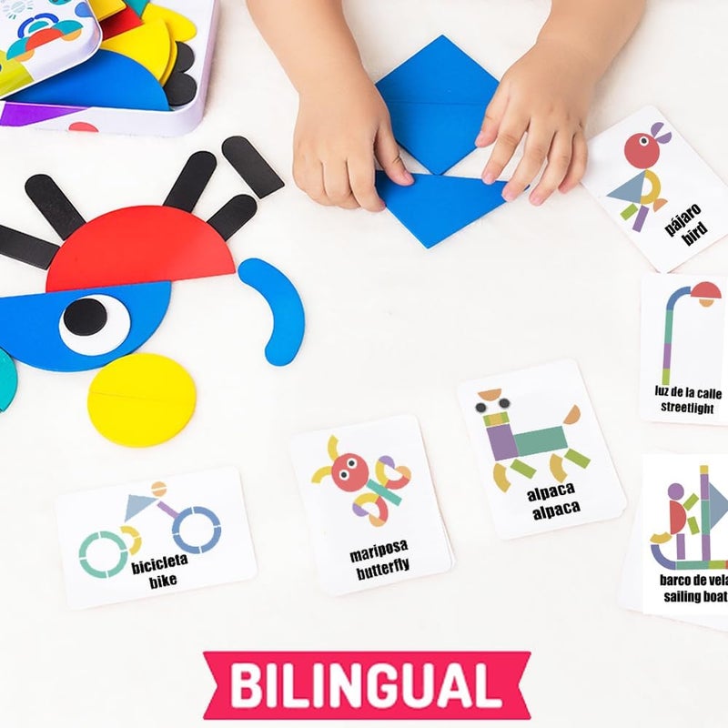 1step2dream Spanish Sight Words Jigsaw Puzzle Bilingual Learning Toy Educational Stacking and Sorting Game Geometric Pattern Blocks Tangram Puzzles - Image 5