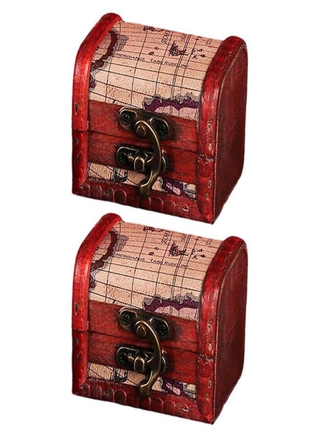 CALFOVERA 2PCS 3.15×2.56×2.36 Inch Map Pattern Retro Wooden Box Organizer with Clasp Cerise Wooden Jewelry Container Case Vintage Treasure Chest Storage for Women Jewelry Storage Gift Decoration - Image 1