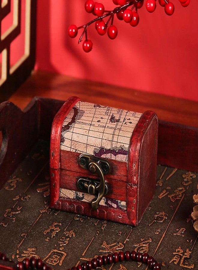 CALFOVERA 2PCS 3.15×2.56×2.36 Inch Map Pattern Retro Wooden Box Organizer with Clasp Cerise Wooden Jewelry Container Case Vintage Treasure Chest Storage for Women Jewelry Storage Gift Decoration - Image 3
