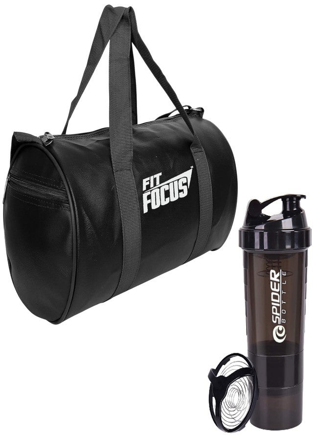 Fit Focus Gym Duffel Bag with Protein Shaker Bottle, 20L Capacity, Black Leather, 3 Compartments,BPA & Leak Proof Gym Shaker 600ML (Black) - Image 1