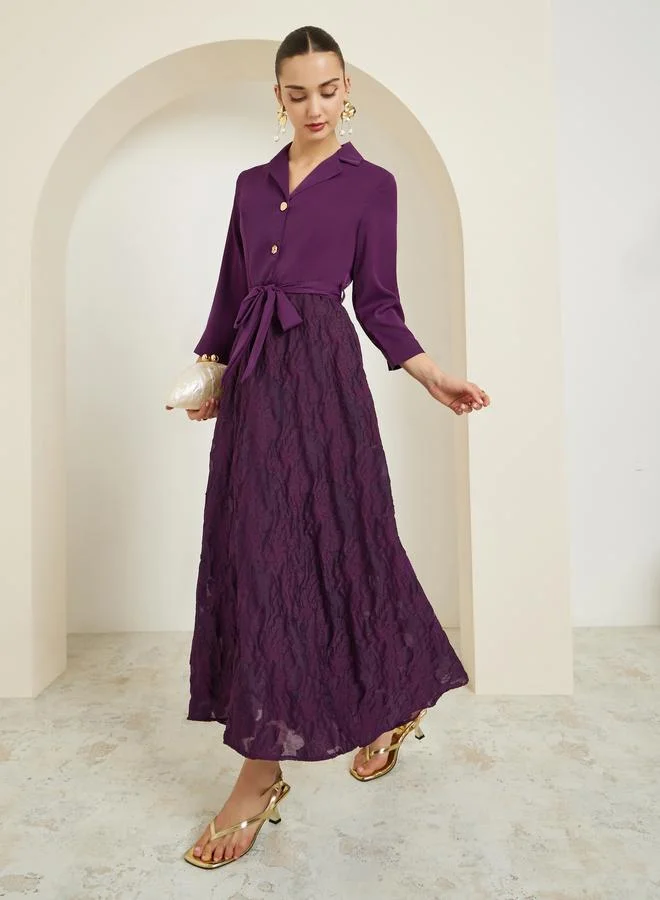 Purple Jacquard Buttoned Maxi Dress with 3/4 Sleeves