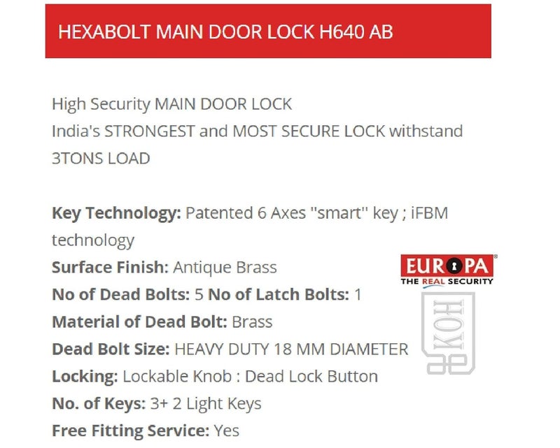 Europa Hexabolt Main Door Lock with 6 Locking Bolts H340AB Antique Brass 3TONS Load - Image 4