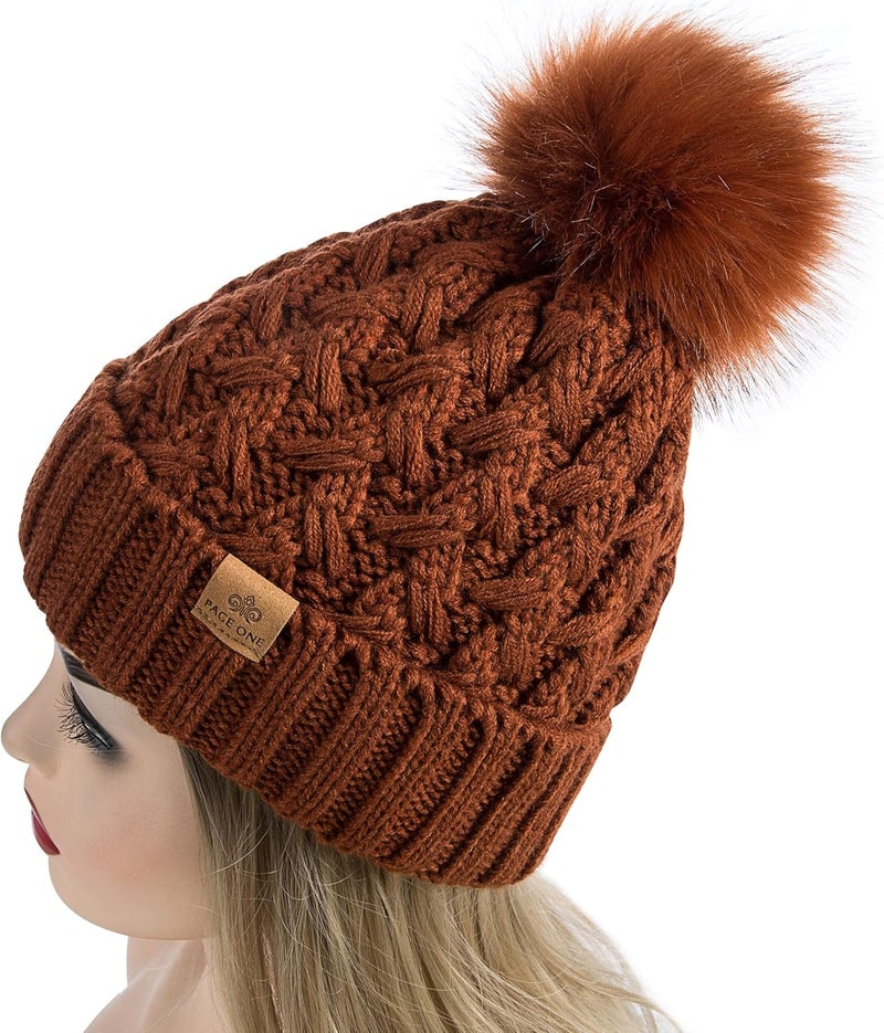 PAGE ONE Womens Winter Ribbed Beanie Crossed Cap Chunky Cable Knit Pompom Soft Warm Hat - Image 3