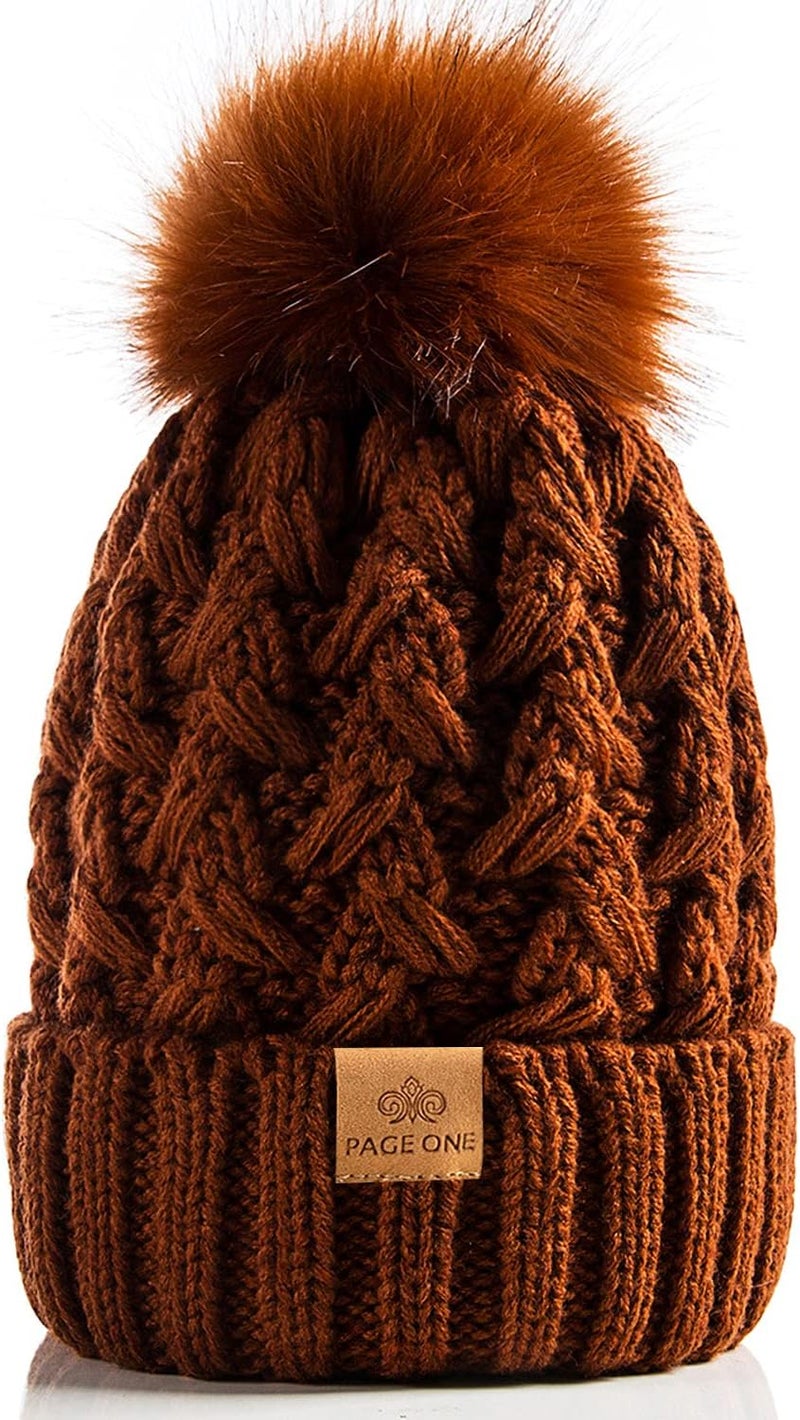 PAGE ONE Womens Winter Ribbed Beanie Crossed Cap Chunky Cable Knit Pompom Soft Warm Hat - Image 1