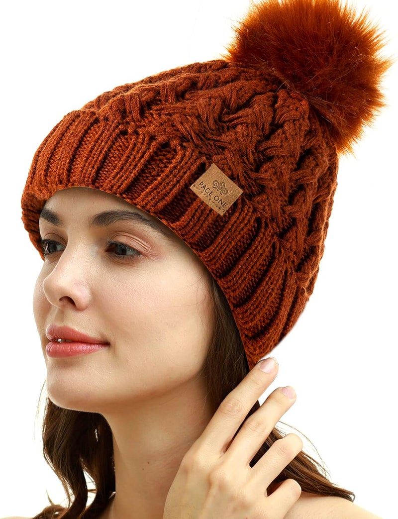 PAGE ONE Womens Winter Ribbed Beanie Crossed Cap Chunky Cable Knit Pompom Soft Warm Hat - Image 2