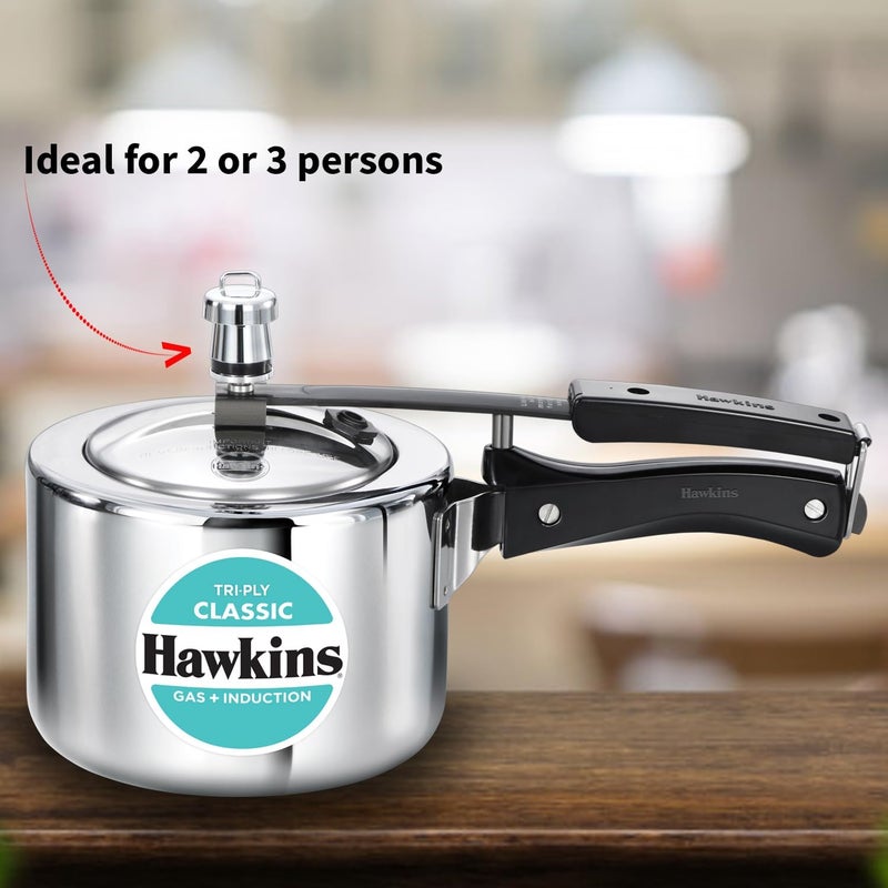 Hawkins Triply 2 Litre Classic Pressure Cooker - Stainless Steel Induction Inner Lid, Silver - Image 2