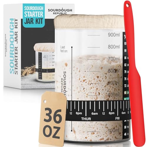 Hemlock Home Brewing 36 oz Sourdough Starter Jar, Sourdough Bread Baking Supply Kit with Time-Marked Level Band, Spatula, and Temperature Strip - Image 1
