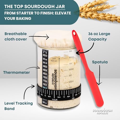 Hemlock Home Brewing 36 oz Sourdough Starter Jar, Sourdough Bread Baking Supply Kit with Time-Marked Level Band, Spatula, and Temperature Strip - Image 2