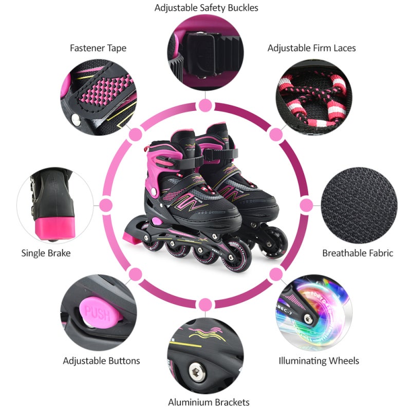 Inline Skates: Pink Size S Soft Breathable Durable Boot - Easy Push Button Adjustable Reinforced Thickened Aluminium Bracket Inline Skates for Kids With 8 Illuminating Wear-Resistant PU Wheels Triple - Image 3