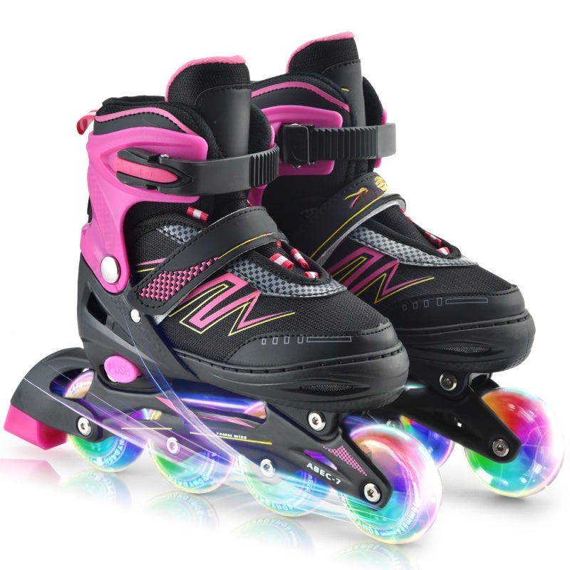 Inline Skates: Pink Size S Soft Breathable Durable Boot - Easy Push Button Adjustable Reinforced Thickened Aluminium Bracket Inline Skates for Kids With 8 Illuminating Wear-Resistant PU Wheels Triple - Image 1