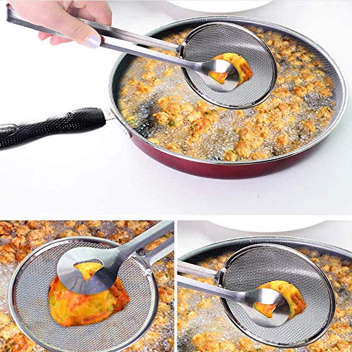 Styxon/Stainless Steel Fine Mesh Strainer Oil-Frying Filter Spoon Ladle Colander Clip Skimmer for Fried Food, Salad, BBQ Multi-Functional Kitchen Tool 2 in 1 Stainless-Steel (Pack - 1) - Image 3