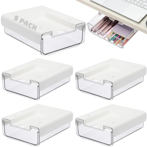 RHBLME 5 Pack Under Desk Drawer, Under Shelf Drawers Slide Out Self-Adhesive Standing Desk Drawer Attachment, Plastic Workspace Organizers for Office Home School - Image 1