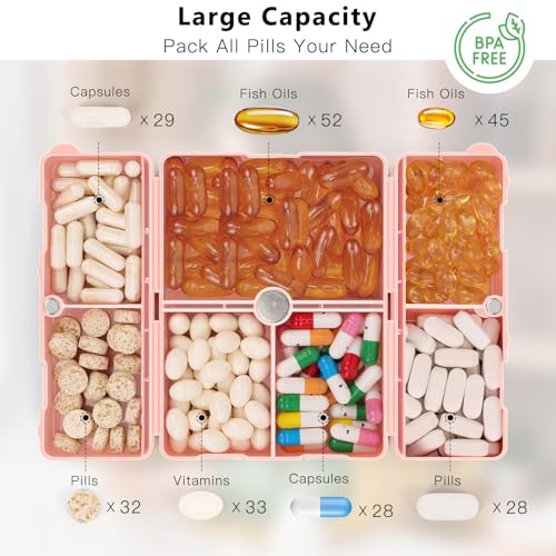 FYY 2 Pcs Daily Pill Organizer, 7 Compartments Portable Pill Case Travel Pill Organizer,[Folding Design] Pill Box for Purse Pocket to Hold Vitamins,Cod Liver Oil,Supplements and Medication-Pink - Image 2