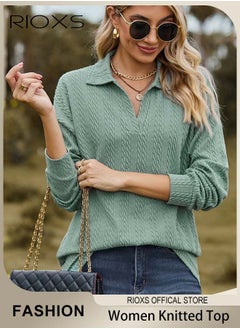 RIOXS Women's V-neck Long Sleeve Fitted Shirts, Loose Casual Blouse, Knitted Solid Color Tops Soft and Comfortable Pullover Shirt, For Work or Daily Wear  - Image 1