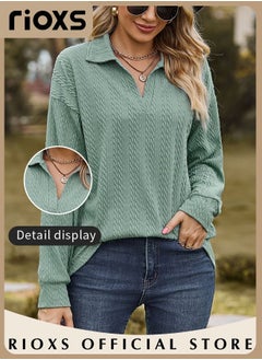RIOXS Women's V-neck Long Sleeve Fitted Shirts, Loose Casual Blouse, Knitted Solid Color Tops Soft and Comfortable Pullover Shirt, For Work or Daily Wear  - Image 2