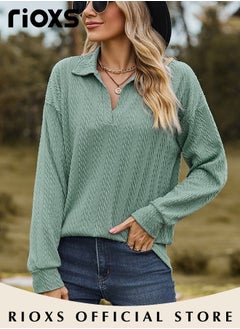 RIOXS Women's V-neck Long Sleeve Fitted Shirts, Loose Casual Blouse, Knitted Solid Color Tops Soft and Comfortable Pullover Shirt, For Work or Daily Wear  - Image 3