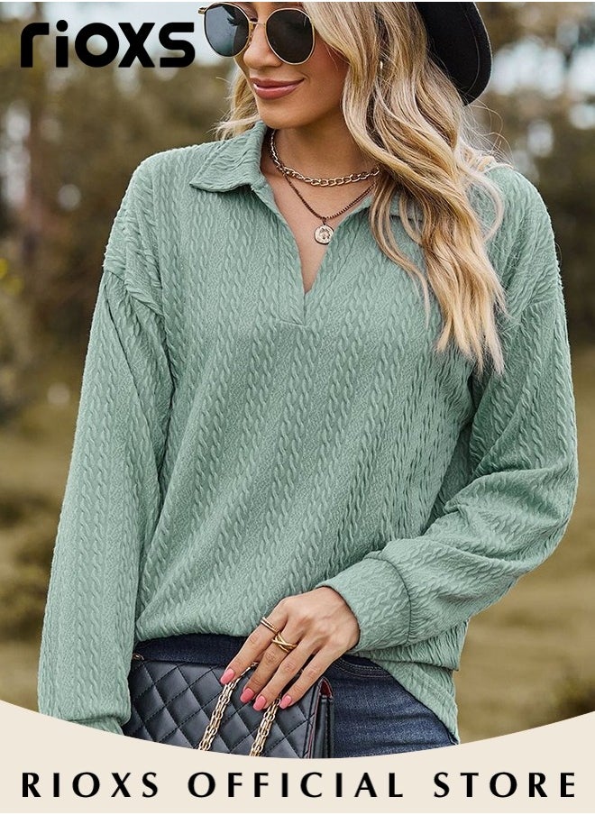 RIOXS - Women's V-neck Long Sleeve Fitted Shirts, Loose Casual Blouse, Knitted Solid Color Tops Soft and Comfortable Pullover Shirt, For Work or Daily Wear - Image 1