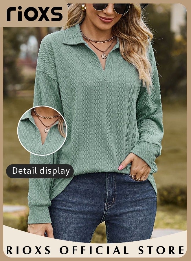 RIOXS Women's Lapel Long Sleeve Knit T-Shirt, Loose Fit V-Neck Lightweight Knited Pullover Tops, Soft Comfortable Dressy Tops Polo Shirts, Spring Fall Casual Breathable Basic Tunic Tops, Suitable for Work/Office/Vacation/Travel/Basic Daily Wear, Green - Image 3