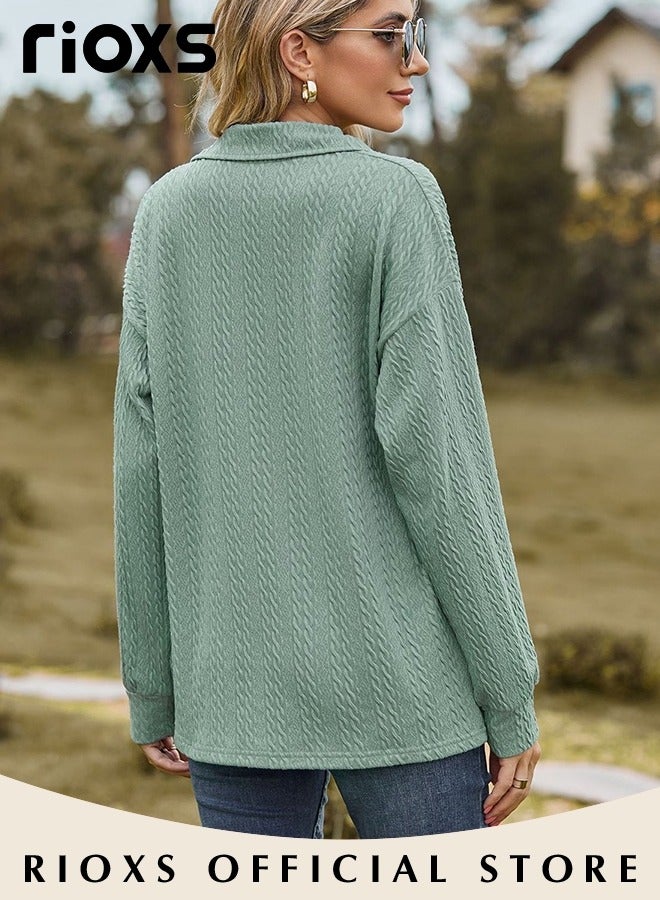 RIOXS Women's Lapel Long Sleeve Knit T-Shirt, Loose Fit V-Neck Lightweight Knited Pullover Tops, Soft Comfortable Dressy Tops Polo Shirts, Spring Fall Casual Breathable Basic Tunic Tops, Suitable for Work/Office/Vacation/Travel/Basic Daily Wear, Green - Image 2