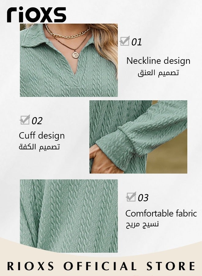RIOXS Women's Lapel Long Sleeve Knit T-Shirt, Loose Fit V-Neck Lightweight Knited Pullover Tops, Soft Comfortable Dressy Tops Polo Shirts, Spring Fall Casual Breathable Basic Tunic Tops, Suitable for Work/Office/Vacation/Travel/Basic Daily Wear, Green - Image 4