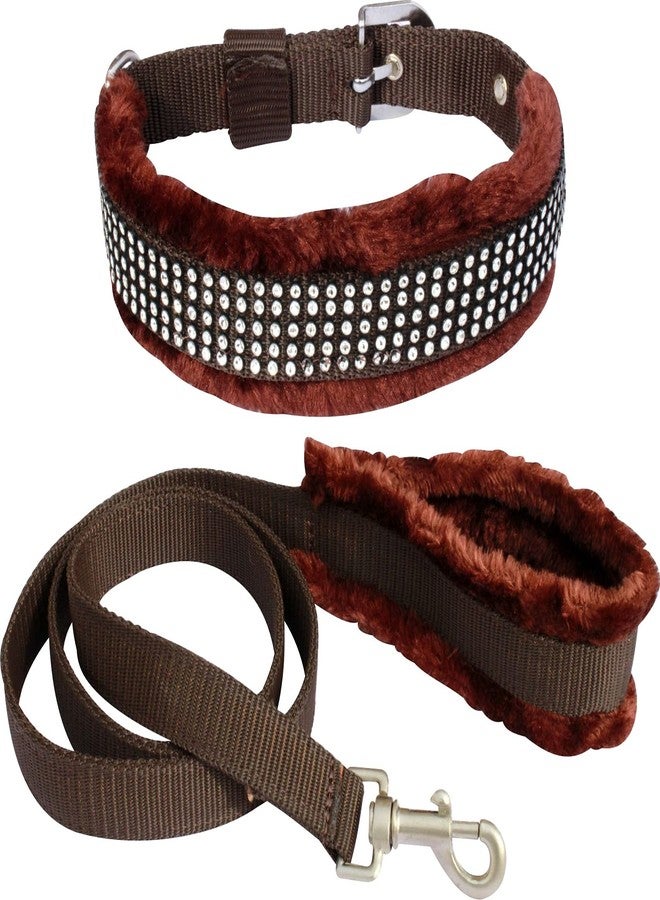 Pedigone Dog Belt Combo of Brown Fur Dog Collar & Soft Fur Handle Dog Leash Specially for Medium Breed Dog Collar Leash (Brown Shine) - Image 1
