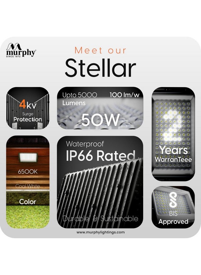 MURPHY Murphy Stellar 50W LED Flood Light with 2-Year Warranty | Cool White | High Brightness Outdoor LED for Security, Landscape, Warehouse, Backyard | IP66 Waterproof | BIS Approved - Pack of 5  - Image 3
