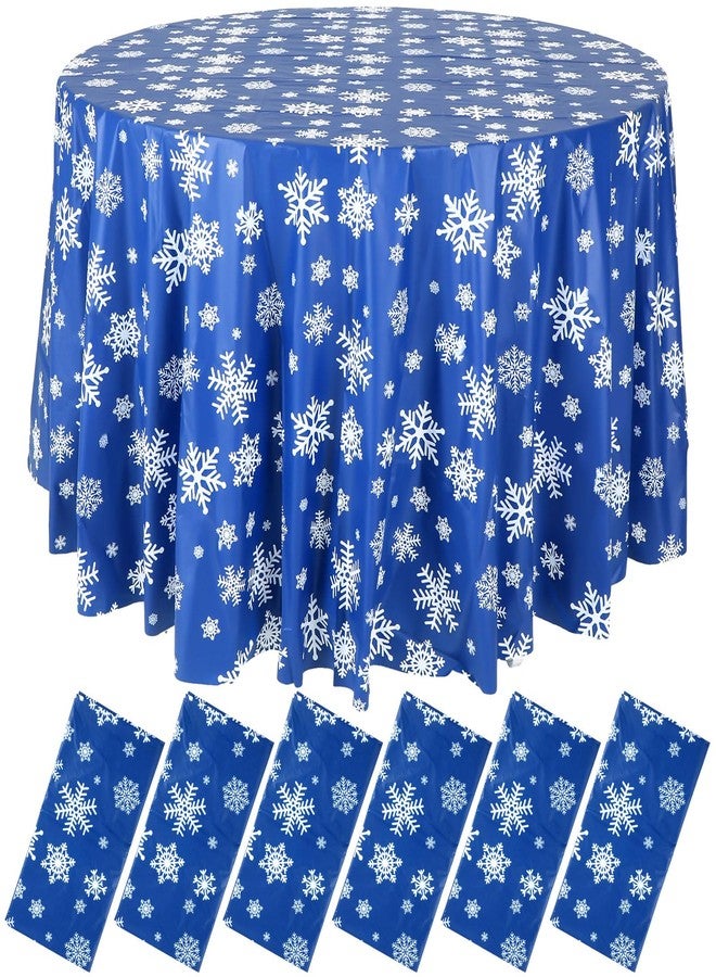 Sliner 6 Pieces Christmas Winter Snowflake Tablecloth Winter Round Plastic Party 83.9 Inch Blue Christmas Tablecloth Disposable Snowflake Xmas Backdrop Sign Table Cover Banner for Holiday Party - Image 1