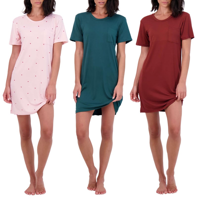 Real Essentials 3 Pack Womens Short Sleeve Nightgown Dress Nightshirt Pajama Sleep Shirt Sleepwear Plus