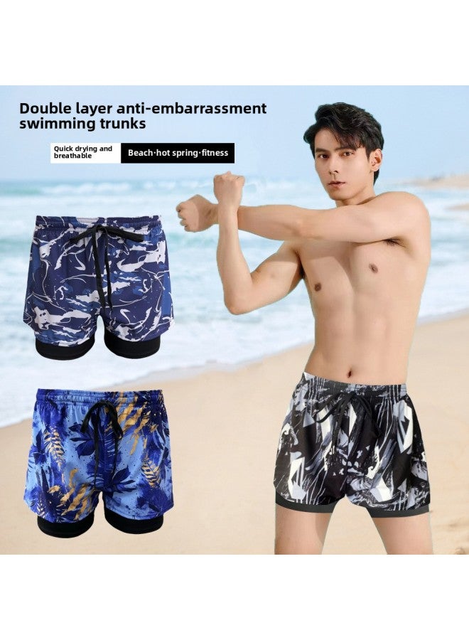 Loquat Swimming Trunks Men's Anti-embarrassment Double-layer Quick-drying Swimsuit Suit Hot Spring Breathable Swimming Camouflage Boys Loose Swimsuit-Color:Purple Blue Geometry-12- - Image 2