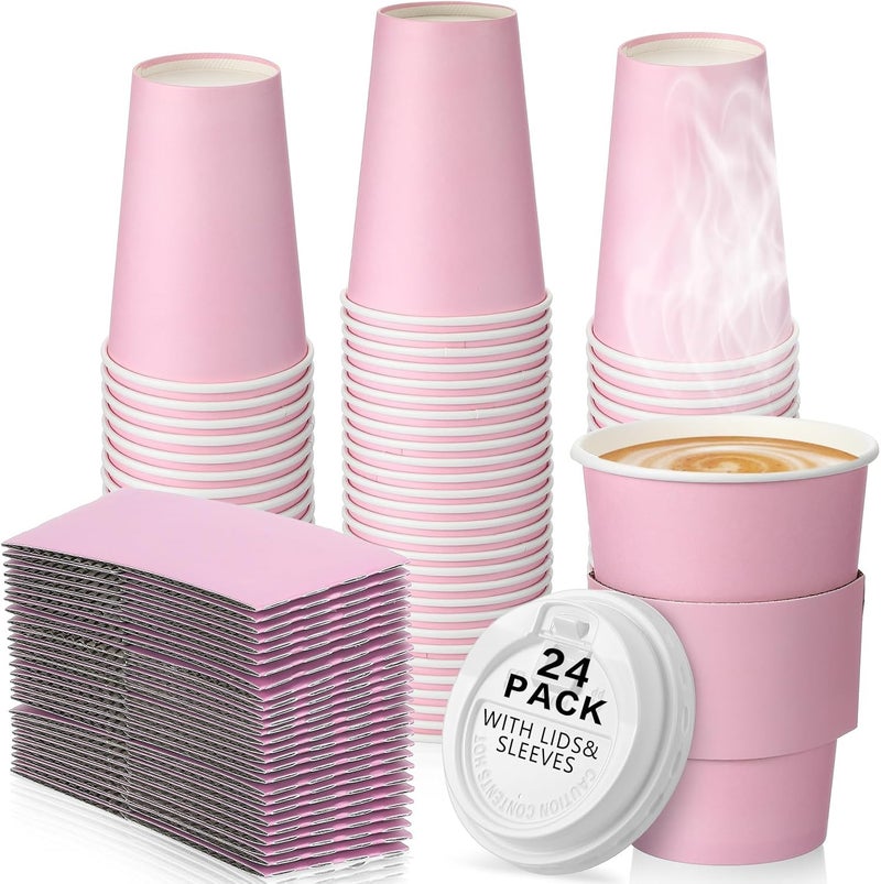 Tioncy 24 Set 12 oz Disposable Coffee Cups with Lids and Sleeves Set Insulated Disposable Hot Travel Paper Cups for Hot Chocolate Cocoa Coffee Tea Cafes Travel Bar Supplies, Leak Proof, Pink - Image 1