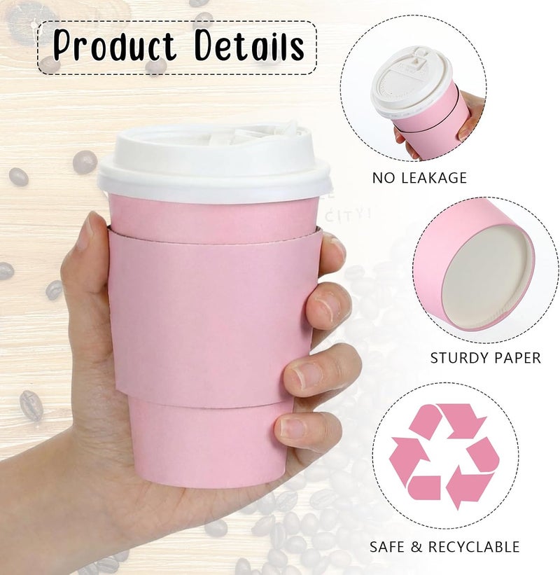 Tioncy 24 Set 12 oz Disposable Coffee Cups with Lids and Sleeves Set Insulated Disposable Hot Travel Paper Cups for Hot Chocolate Cocoa Coffee Tea Cafes Travel Bar Supplies, Leak Proof, Pink - Image 2