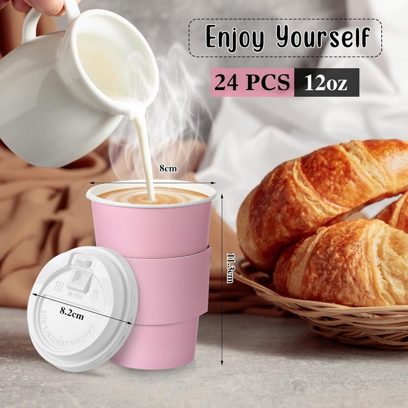 Tioncy 24 Set 12 oz Disposable Coffee Cups with Lids and Sleeves Set Insulated Disposable Hot Travel Paper Cups for Hot Chocolate Cocoa Coffee Tea Cafes Travel Bar Supplies, Leak Proof, Pink - Image 3