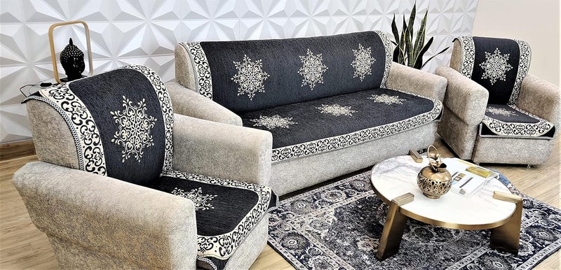 KREEVA Divine Velvet Damask 3 Piece 5 Seater Sofa slipcover and Chair Set 311 Grey - Image 4
