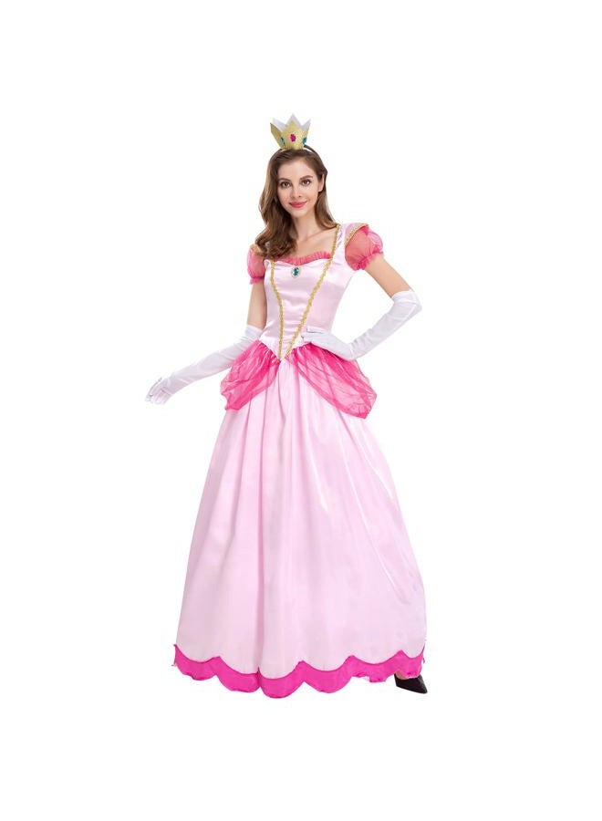 AFAVOM Princess Peach Costume with Crown and Gloves for Adult Women Halloween Birthday Party Pageant Long Maxi Dresses Carnival Fancy Dress up Cosplay Outfit for Photo Shoot Pink M - Image 2