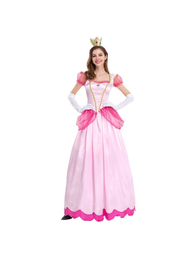 AFAVOM Princess Peach Costume with Crown and Gloves for Adult Women Halloween Birthday Party Pageant Long Maxi Dresses Carnival Fancy Dress up Cosplay Outfit for Photo Shoot Pink M - Image 1