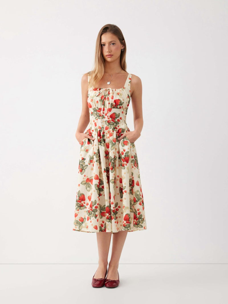 CIDER Women's Strawberry Floral Maxi Dress Sleeveless Square Neck Flowy Milkmaid Dress Cottage Core Trendy Summer Outfits - Image 3