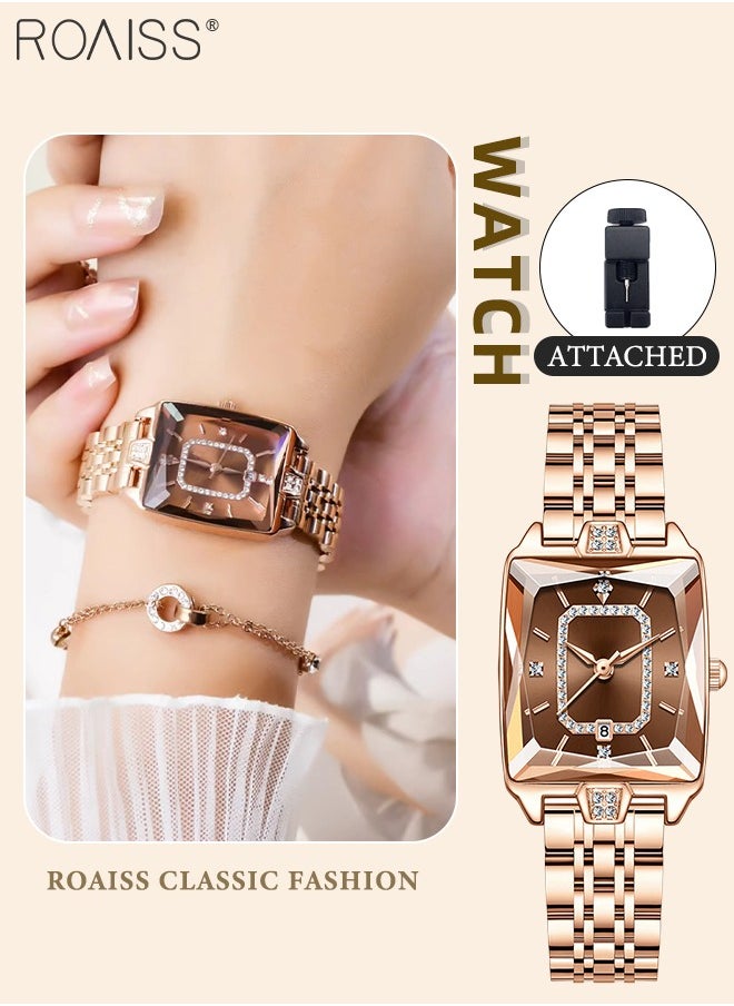 roaiss Rose Gold Steel Band Quartz Watch for Women, Analog Display Rectangular Dial with Calendar Display, Luxury Fashion Waterproof Versatile Wristwatch, as Gift for Ladies  - Image 1