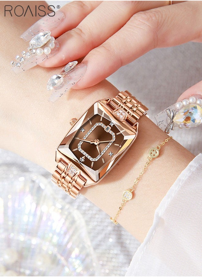 roaiss Rose Gold Steel Band Quartz Watch for Women, Analog Display Rectangular Dial with Calendar Display, Luxury Fashion Waterproof Versatile Wristwatch, as Gift for Ladies  - Image 2