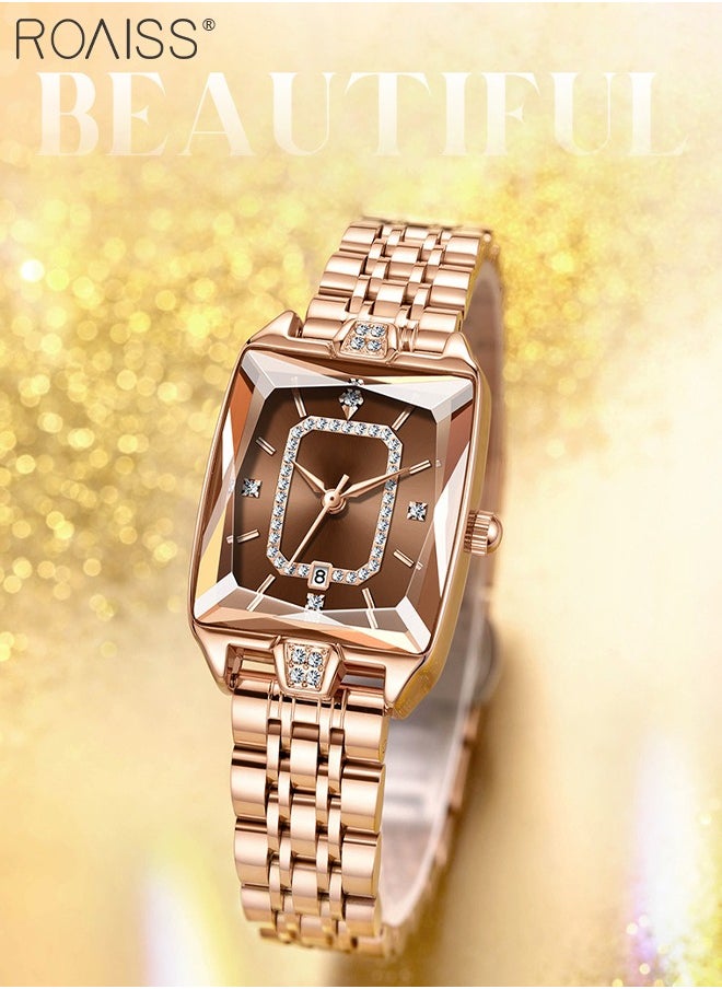 roaiss Rose Gold Steel Band Quartz Watch for Women, Analog Display Rectangular Dial with Calendar Display, Luxury Fashion Waterproof Versatile Wristwatch, as Gift for Ladies  - Image 3