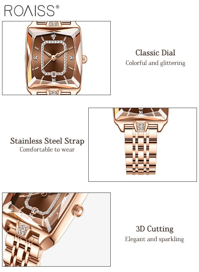 roaiss Rose Gold Steel Band Quartz Watch for Women, Analog Display Rectangular Dial with Calendar Display, Luxury Fashion Waterproof Versatile Wristwatch, as Gift for Ladies  - Image 5