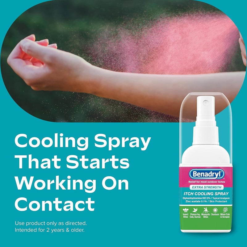 Benadryl Extra Strength Itch Cooling Spray, Topical Analgesic Spray with Diphenhydramine HCI & Zinc Acetate Skin Protectant for Fast Relief from Insect Bites, Travel Size, 2 fl. oz - Image 3