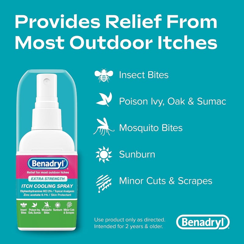 Benadryl Extra Strength Itch Cooling Spray, Topical Analgesic Spray with Diphenhydramine HCI & Zinc Acetate Skin Protectant for Fast Relief from Insect Bites, Travel Size, 2 fl. oz - Image 2