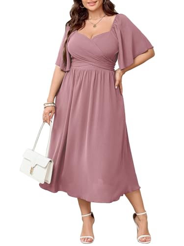 SHESTARR Women's Plus Size Midi Dress Sweetheart Neck Short Sleeve Wedding Guest Cocktail A Line Flowy Dress Pink - Image 1