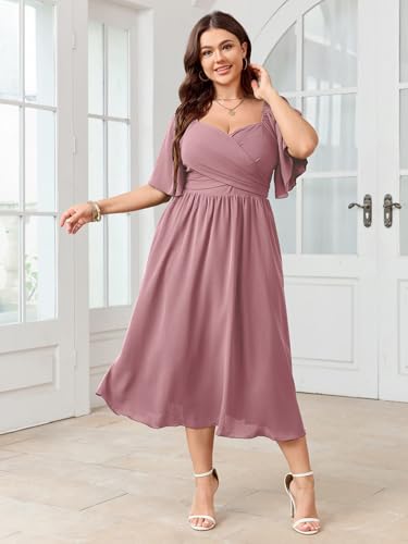 SHESTARR Women's Plus Size Midi Dress Sweetheart Neck Short Sleeve Wedding Guest Cocktail A Line Flowy Dress Pink - Image 3