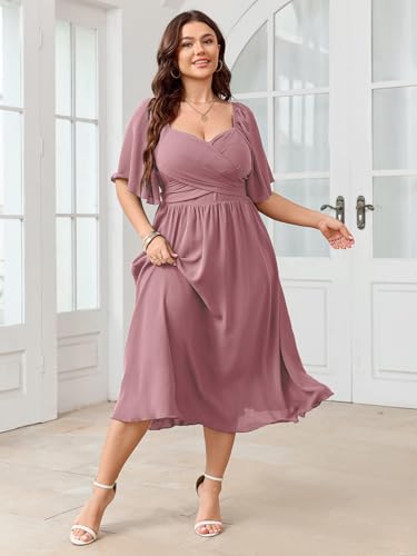 SHESTARR Women's Plus Size Midi Dress Sweetheart Neck Short Sleeve Wedding Guest Cocktail A Line Flowy Dress Pink - Image 5