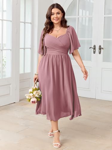 SHESTARR Women's Plus Size Midi Dress Sweetheart Neck Short Sleeve Wedding Guest Cocktail A Line Flowy Dress Pink - Image 4