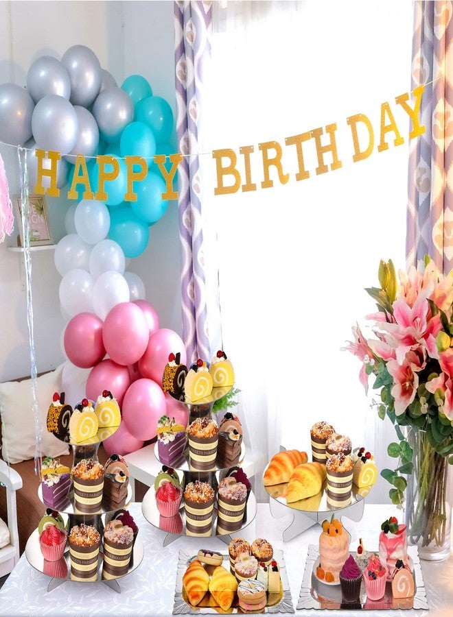 Zopeal 7 Pieces Cake Stand Set 3-Tier Cardboard Cupcake Stand 1-Tier Cake Stand Round Dessert Stand Rectangle Serving Tray Reusable Platters Cupcake Holders for Desserts Birthday Party(Silver) - Image 4