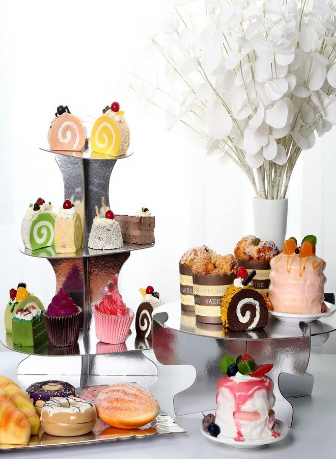 Zopeal 7 Pieces Cake Stand Set 3-Tier Cardboard Cupcake Stand 1-Tier Cake Stand Round Dessert Stand Rectangle Serving Tray Reusable Platters Cupcake Holders for Desserts Birthday Party(Silver) - Image 3