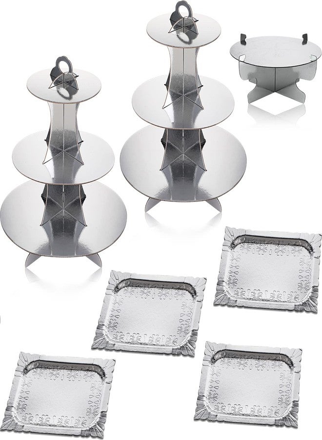 Zopeal 7 Pieces Cake Stand Set 3-Tier Cardboard Cupcake Stand 1-Tier Cake Stand Round Dessert Stand Rectangle Serving Tray Reusable Platters Cupcake Holders for Desserts Birthday Party(Silver) - Image 1