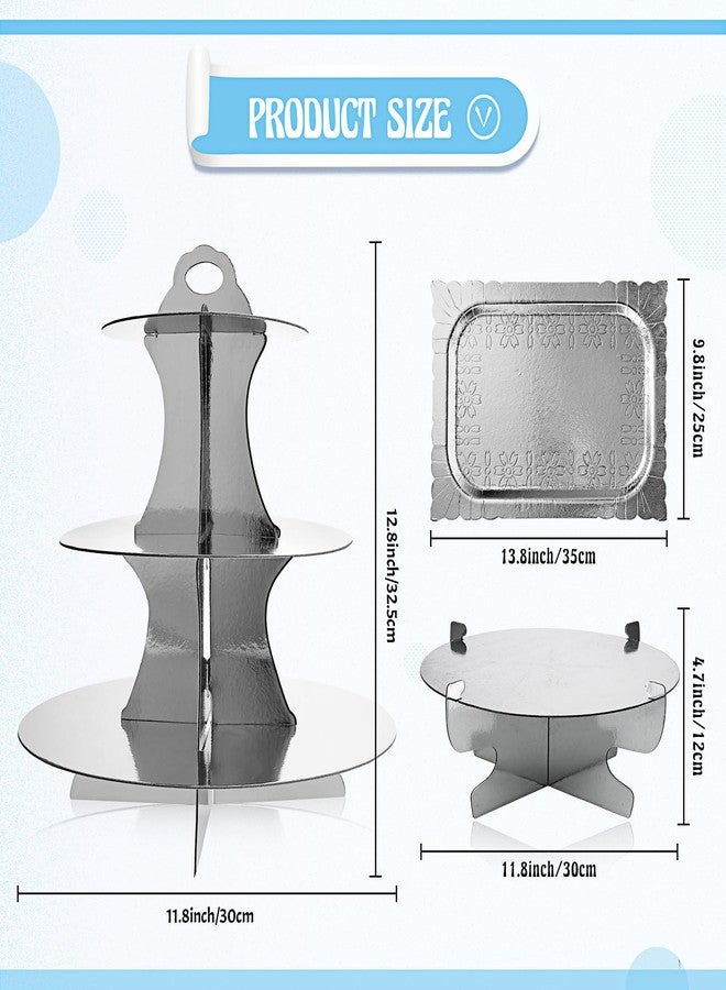 Zopeal 7 Pieces Cake Stand Set 3-Tier Cardboard Cupcake Stand 1-Tier Cake Stand Round Dessert Stand Rectangle Serving Tray Reusable Platters Cupcake Holders for Desserts Birthday Party(Silver) - Image 2